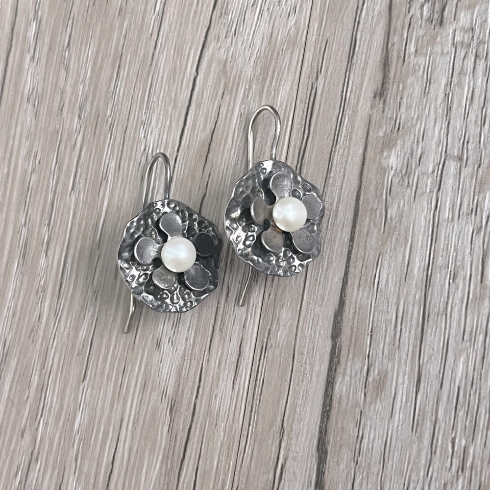 Sterling silver hammered flower and pear earrings